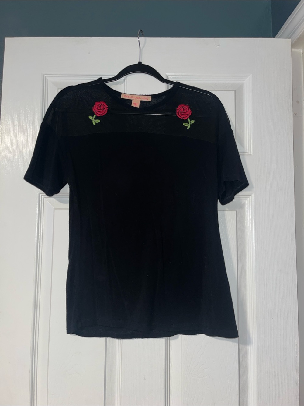 Black Women's Tee with Red Rose Embroidery